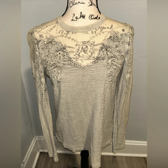 Free People Micha Embellished Mesh Embroidered Long Sleeve Tee Top S $98 - Picture 1 of 6